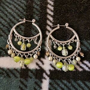 Elegant Silver and Green Beaded Hoop Earrings